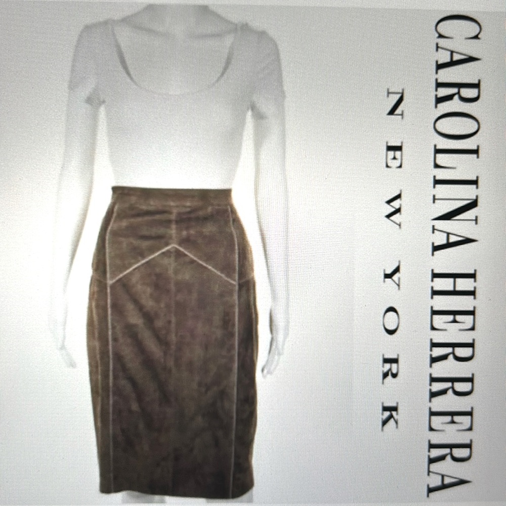 Carolina Herrera Suede Leather Paneled Brown  Pencil Skirt size 8 New $ 1,890